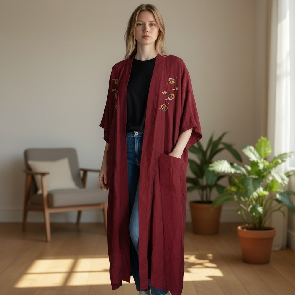 Health Kimono Robe Womens L Red Dragon Embroidered‎ Vintage Loungewear